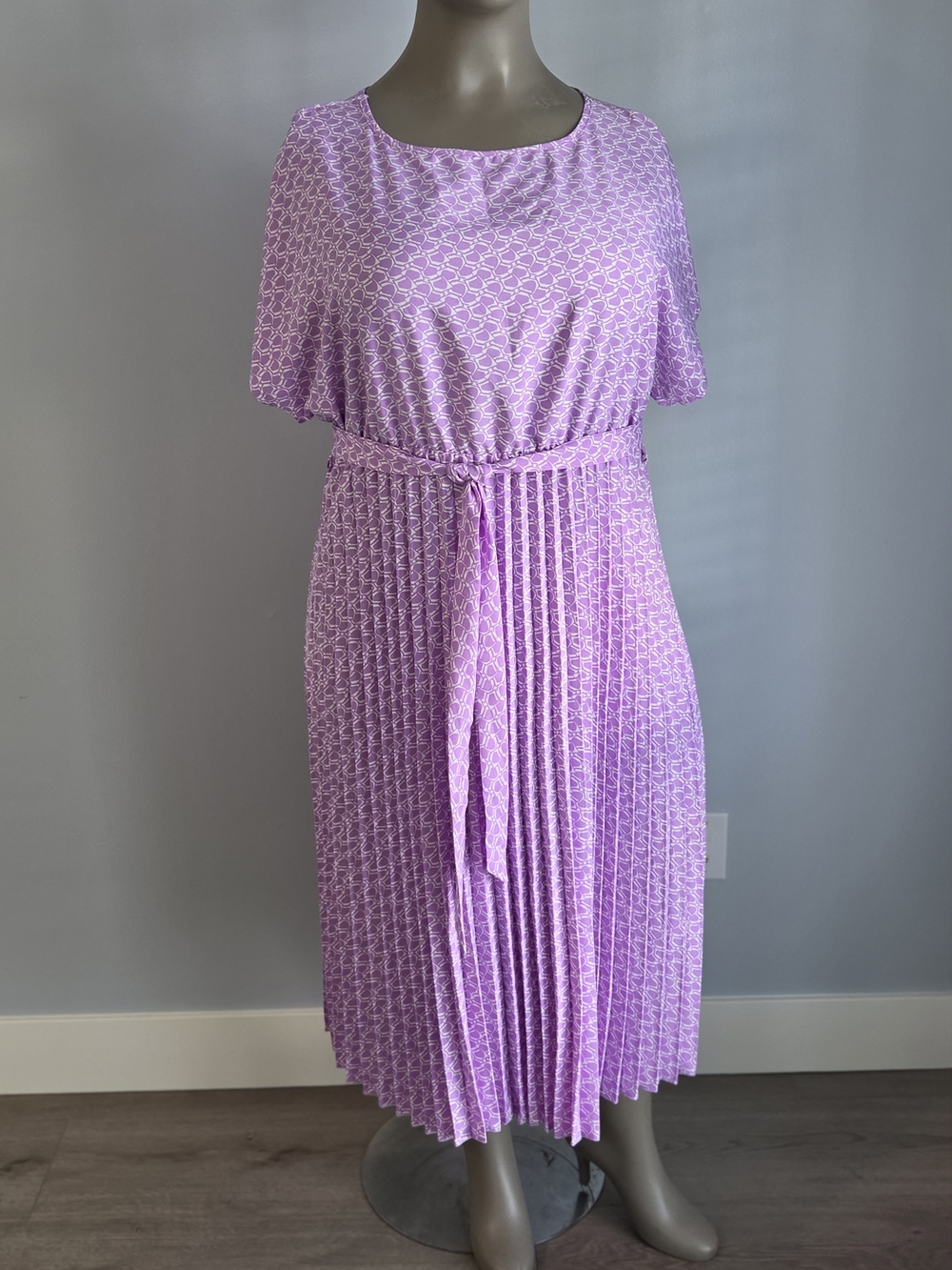 SHEIN Lavender Pleated Midi Dress with Waist Tie